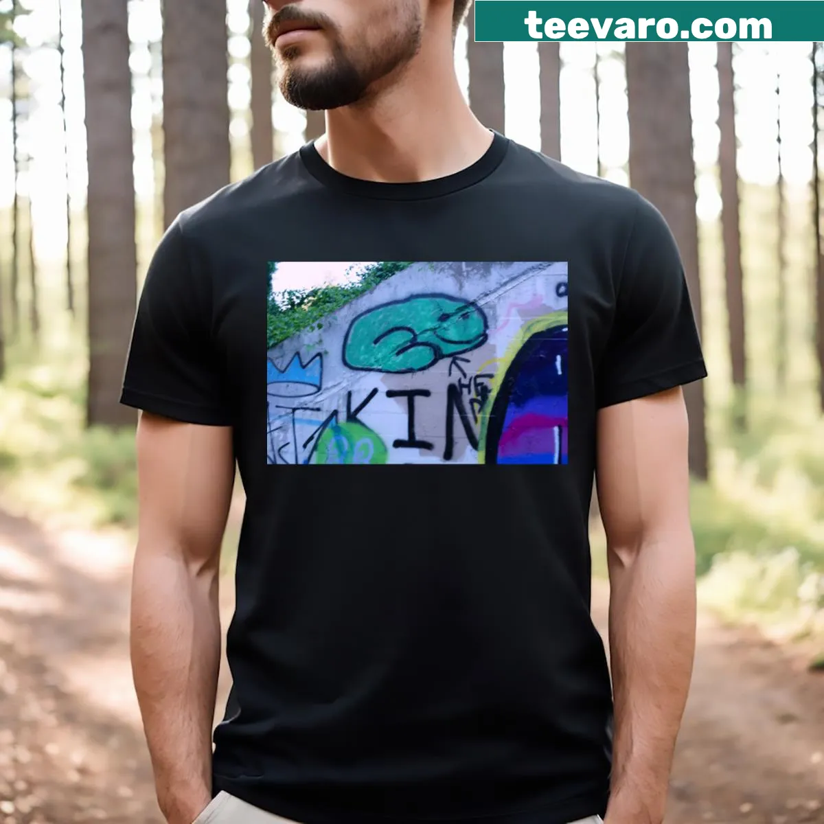 Edgy t-shirt featuring a train bridge with graffiti illustration — on a men's t-shirt