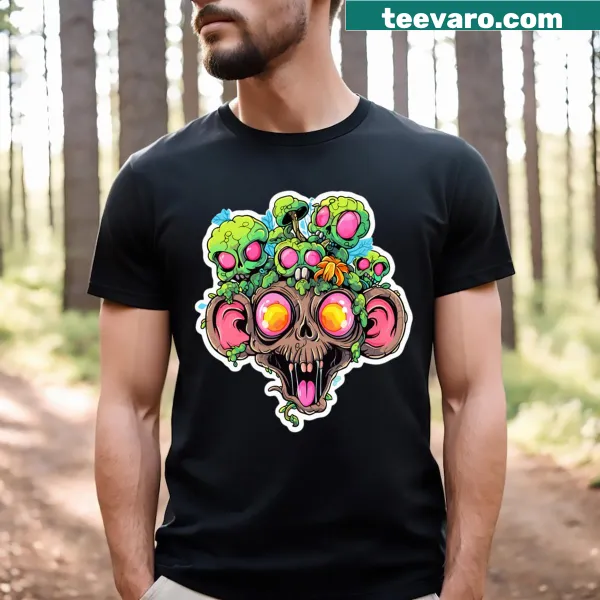 Cartoon design of a trippy zombie monkey at a music festival