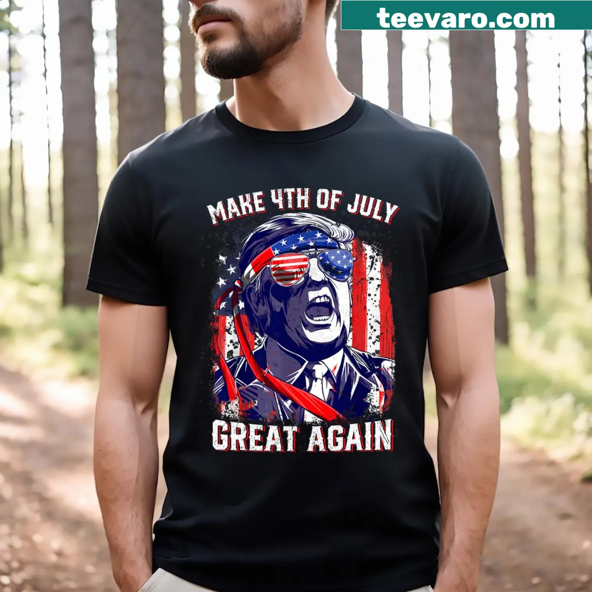 Text 'Make 4th Of July Great Again' with American flag on T-shirt. — on a men's t-shirt