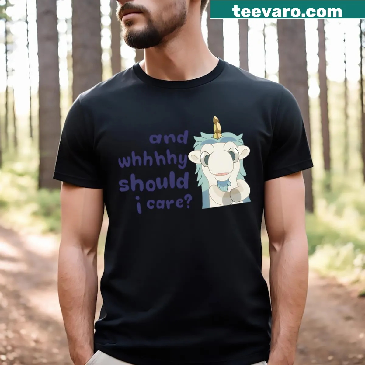 Funny cartoon t-shirt featuring a unicorn and horse mix. — on a men's t-shirt