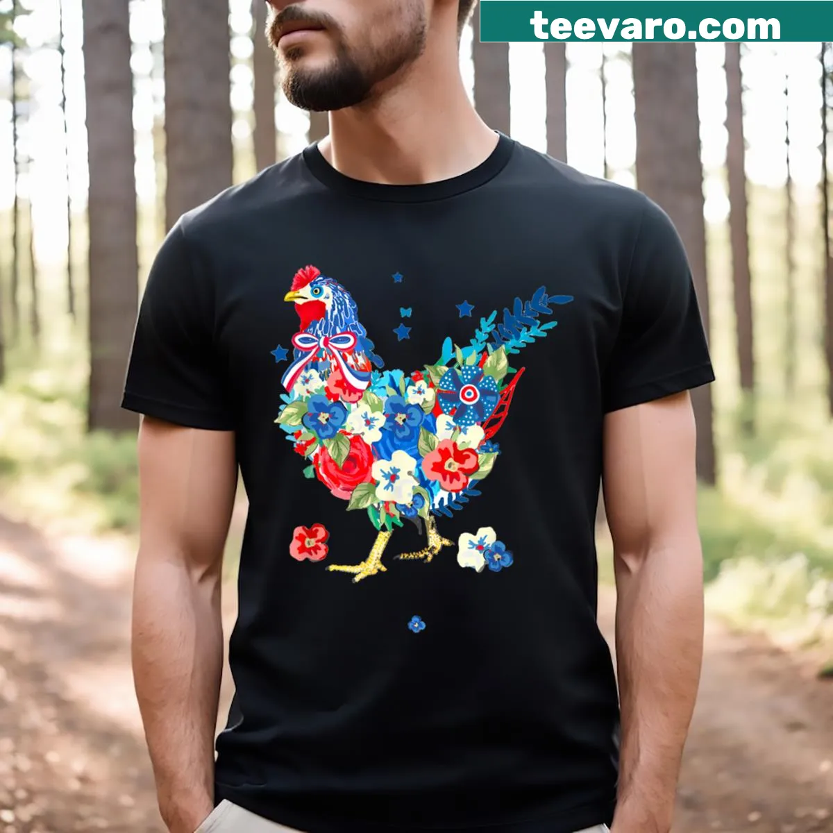 Text 'Chicken Lover' with American flag on a T-shirt. — on a men's t-shirt