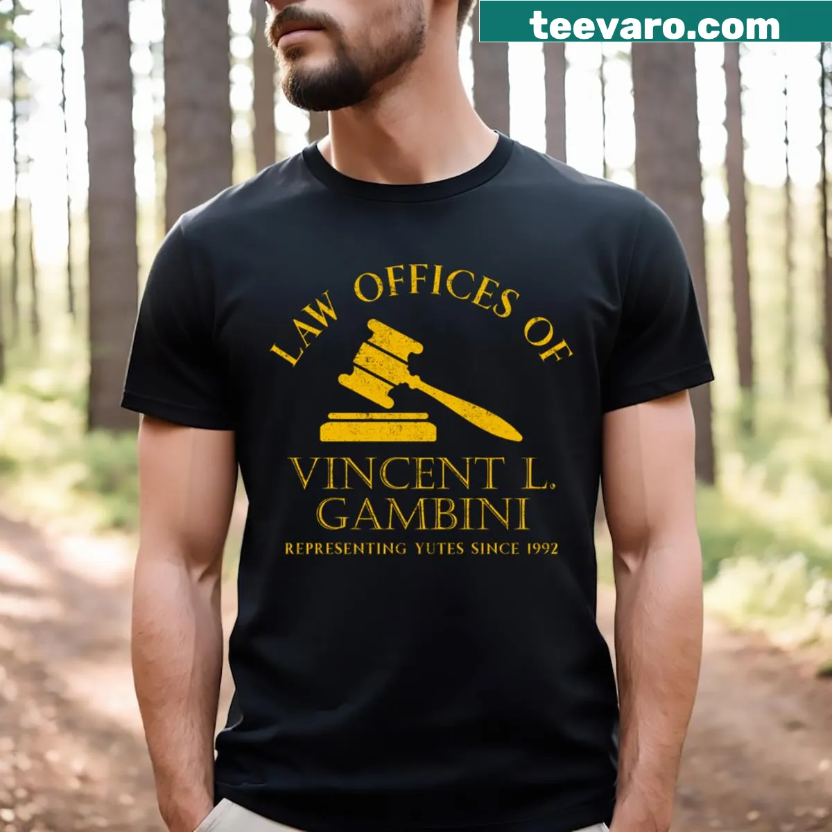 Vintage-style Vincent Gambini Law Offices T-shirt with a classic logo print — on a men's t-shirt