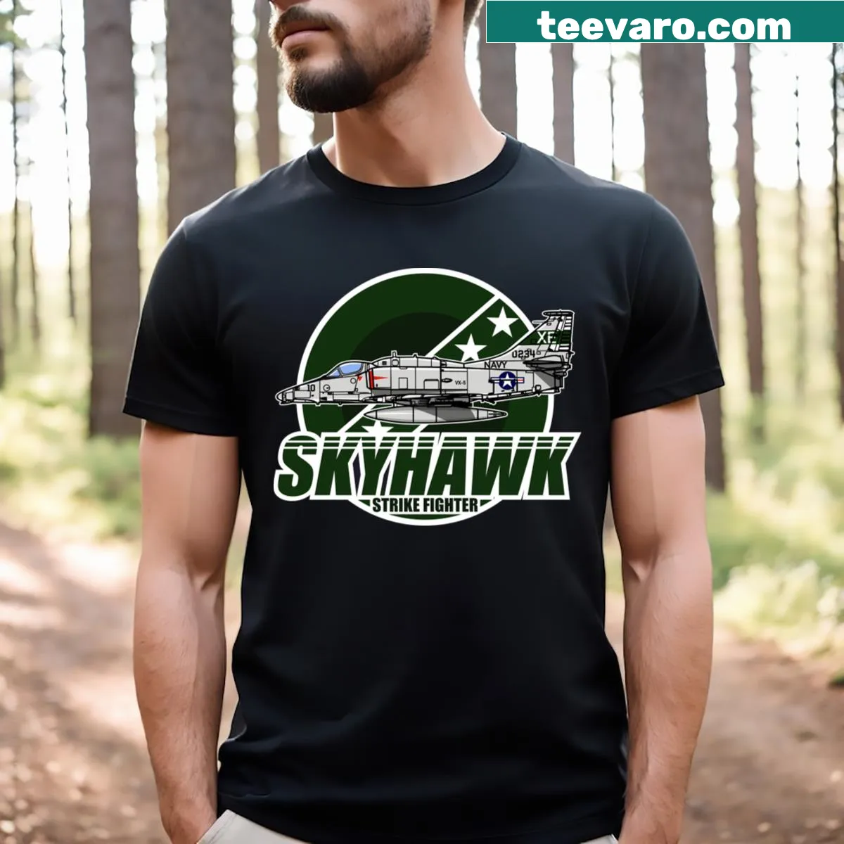 Graphic t-shirt with the phrase 'Vx 5 Vampires A 4 Skyhawk' in bold lettering — on a men's t-shirt