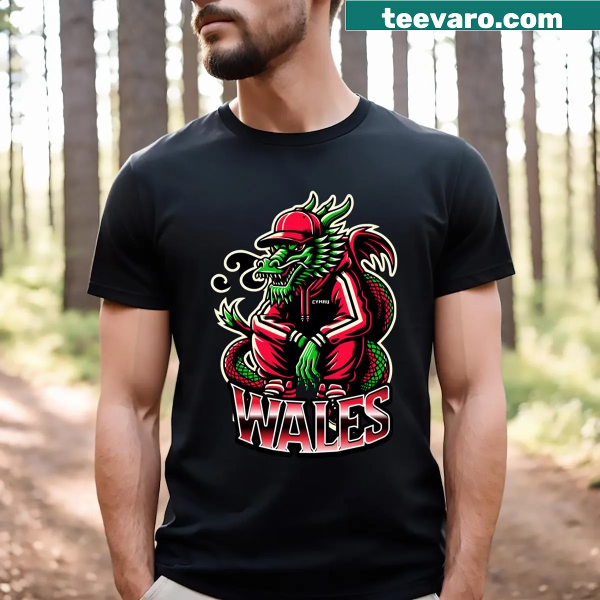 Fitted T-shirt with a graphic of the Welsh dragon, symbolizing Welsh pride — on a men's t-shirt