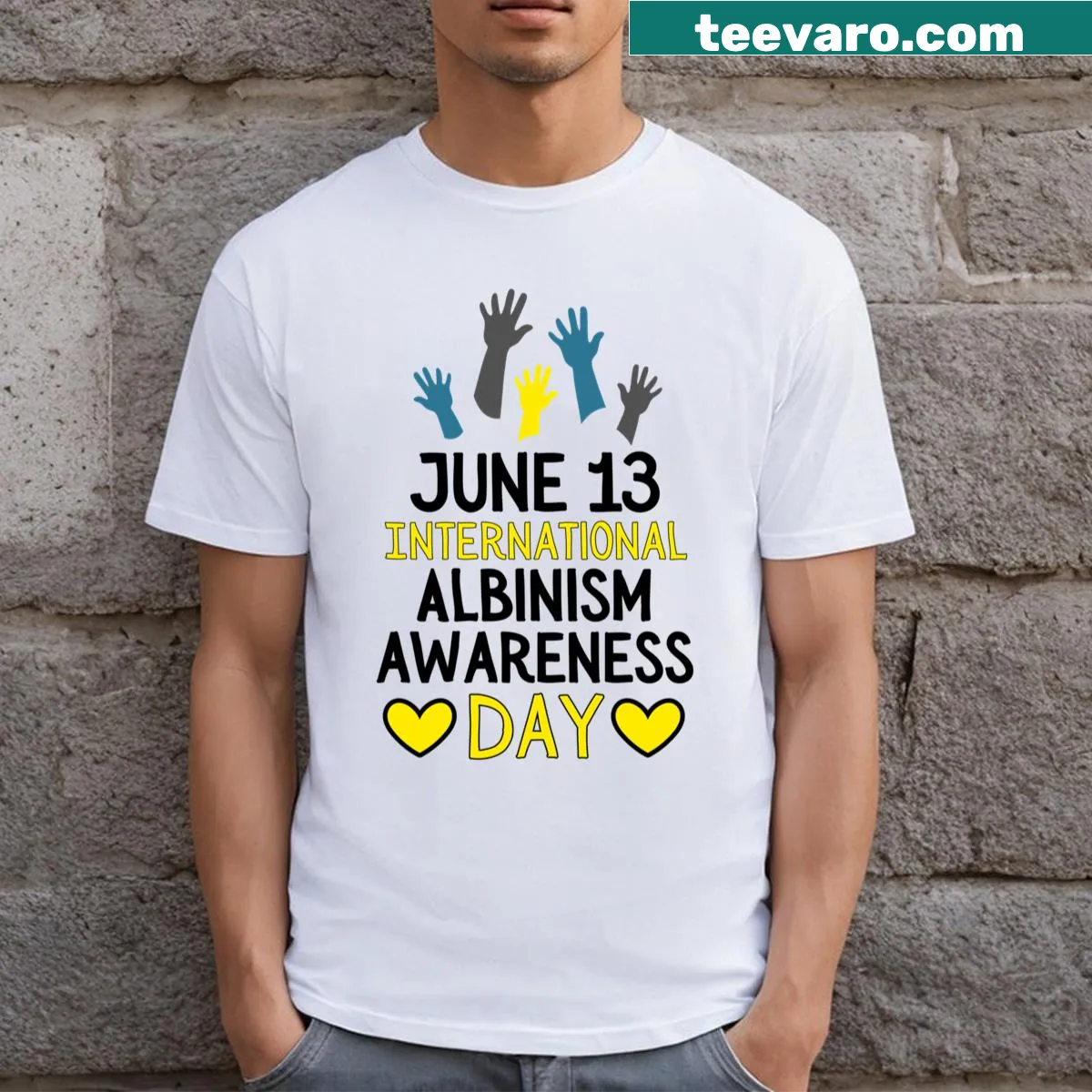 World Albinism Awareness Day t-shirt promoting inclusivity — on a men's t-shirt