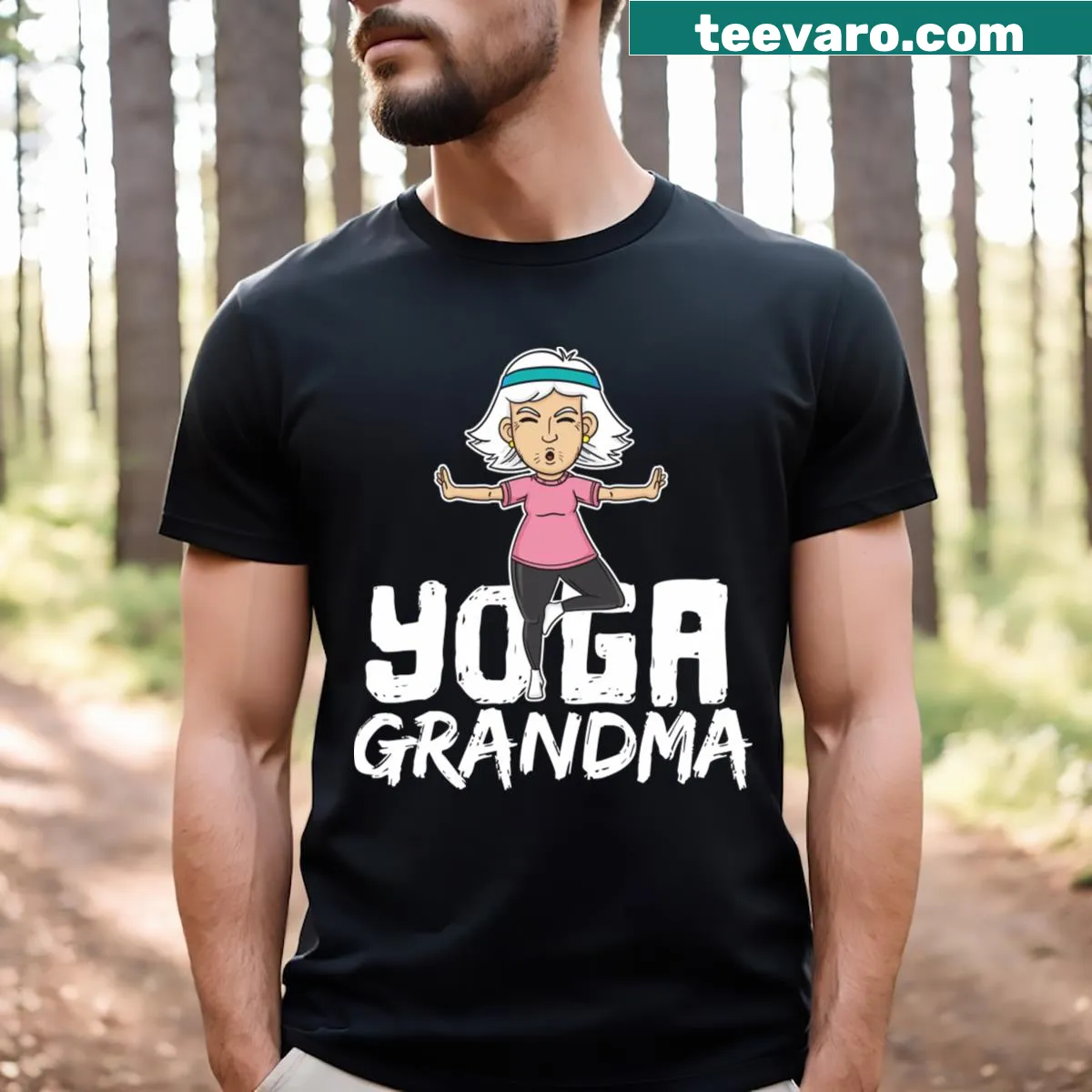Vintage-style t-shirt featuring a meditating grandmother with cool text — on a men's t-shirt