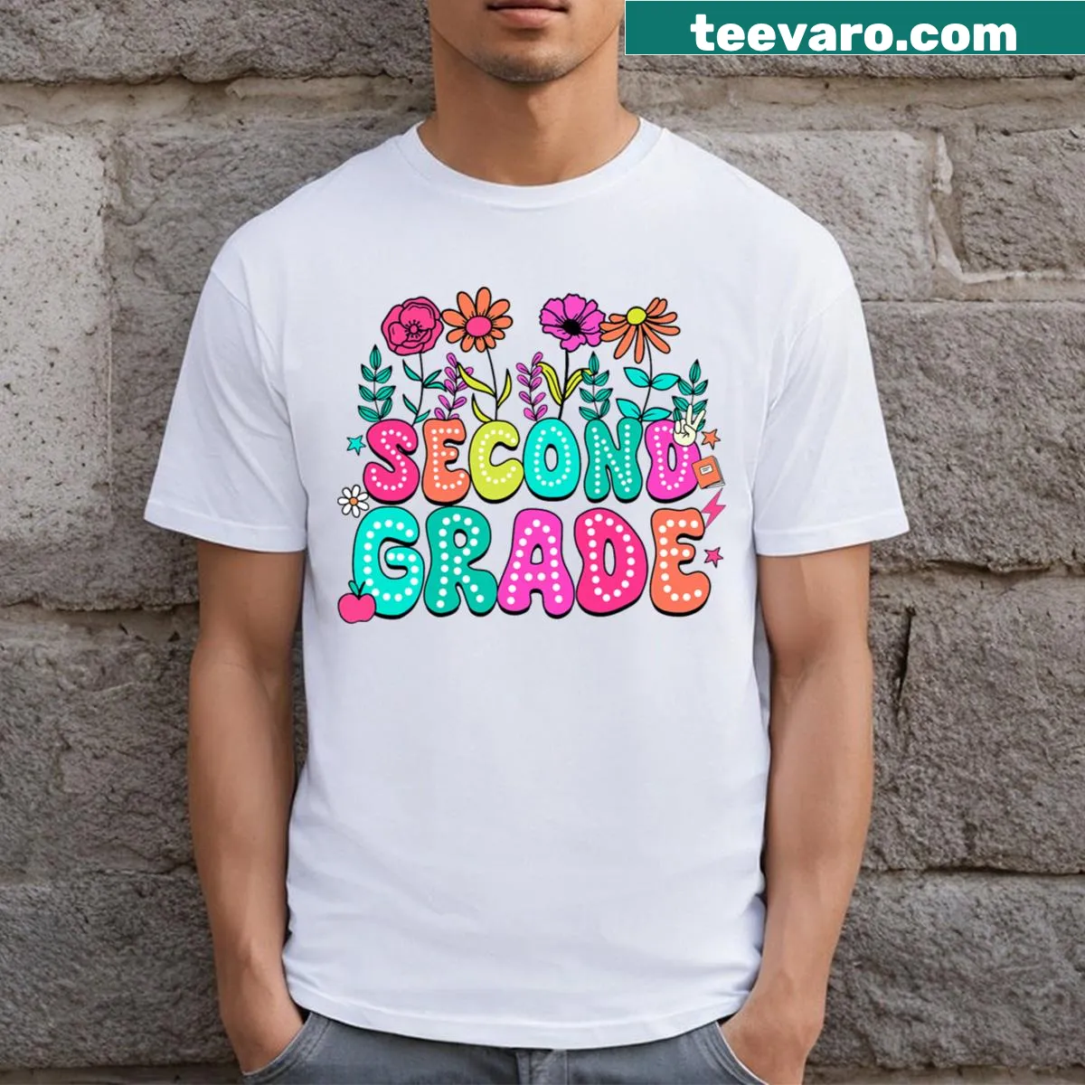 Floral t-shirt for 2nd grade teachers with wildflower graphics — on a men's t-shirt