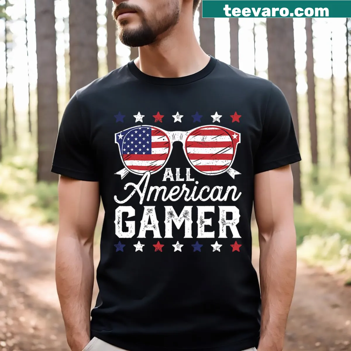 Patriotic gamer T-shirt for Fourth of July celebration — on a men's t-shirt