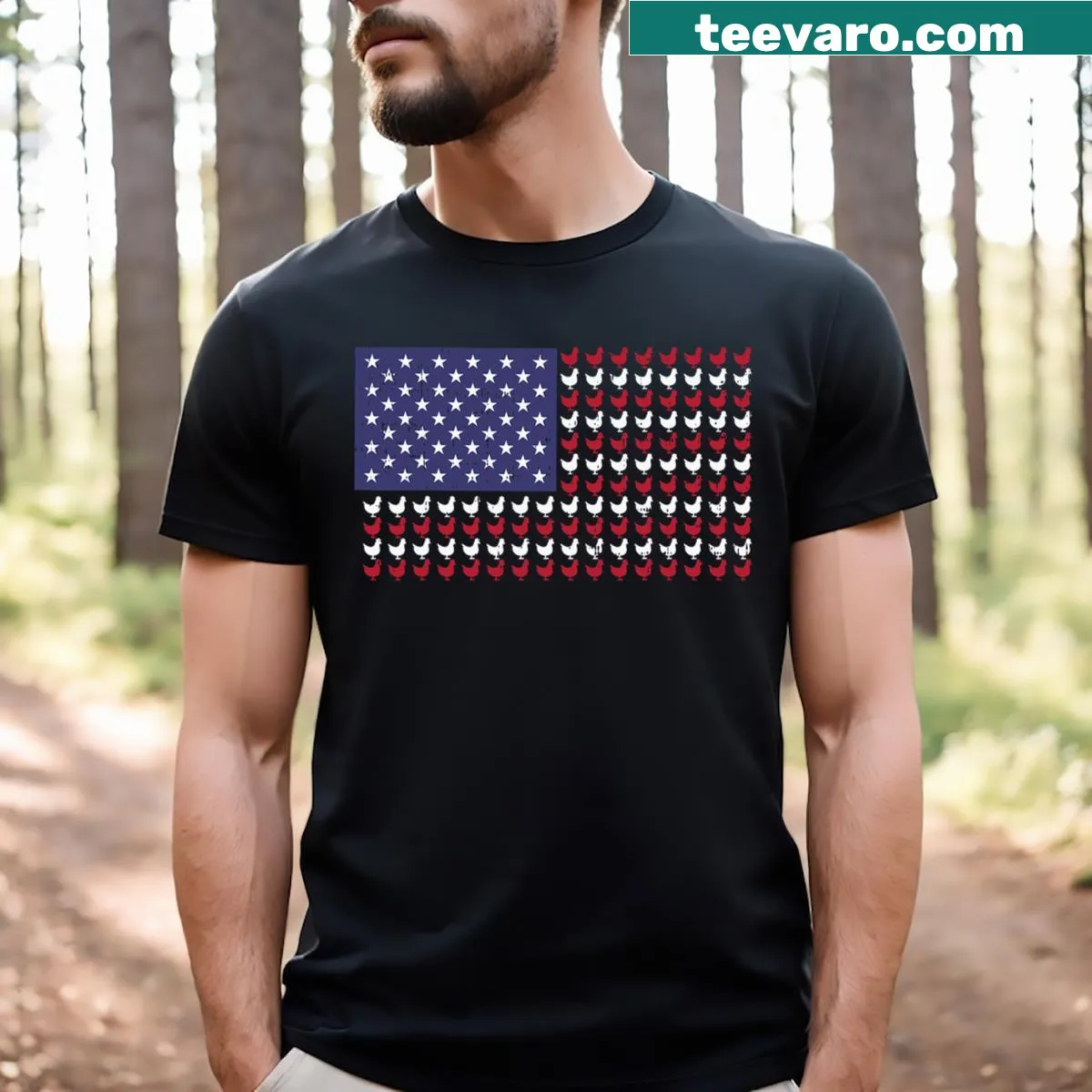 Patriotic T-shirt with chickens and US flag for Fourth of July — on a men's t-shirt