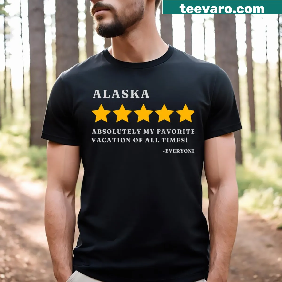 Alaska 5 Star Rating t-shirt featuring bold typography — on a men's t-shirt