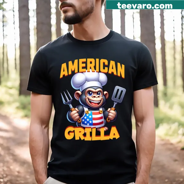 Funny BBQ T-shirt featuring a cartoon chef monkey and patriotic elements