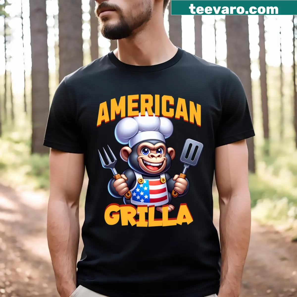 Funny BBQ T-shirt featuring a cartoon chef monkey and patriotic elements — on a men's t-shirt