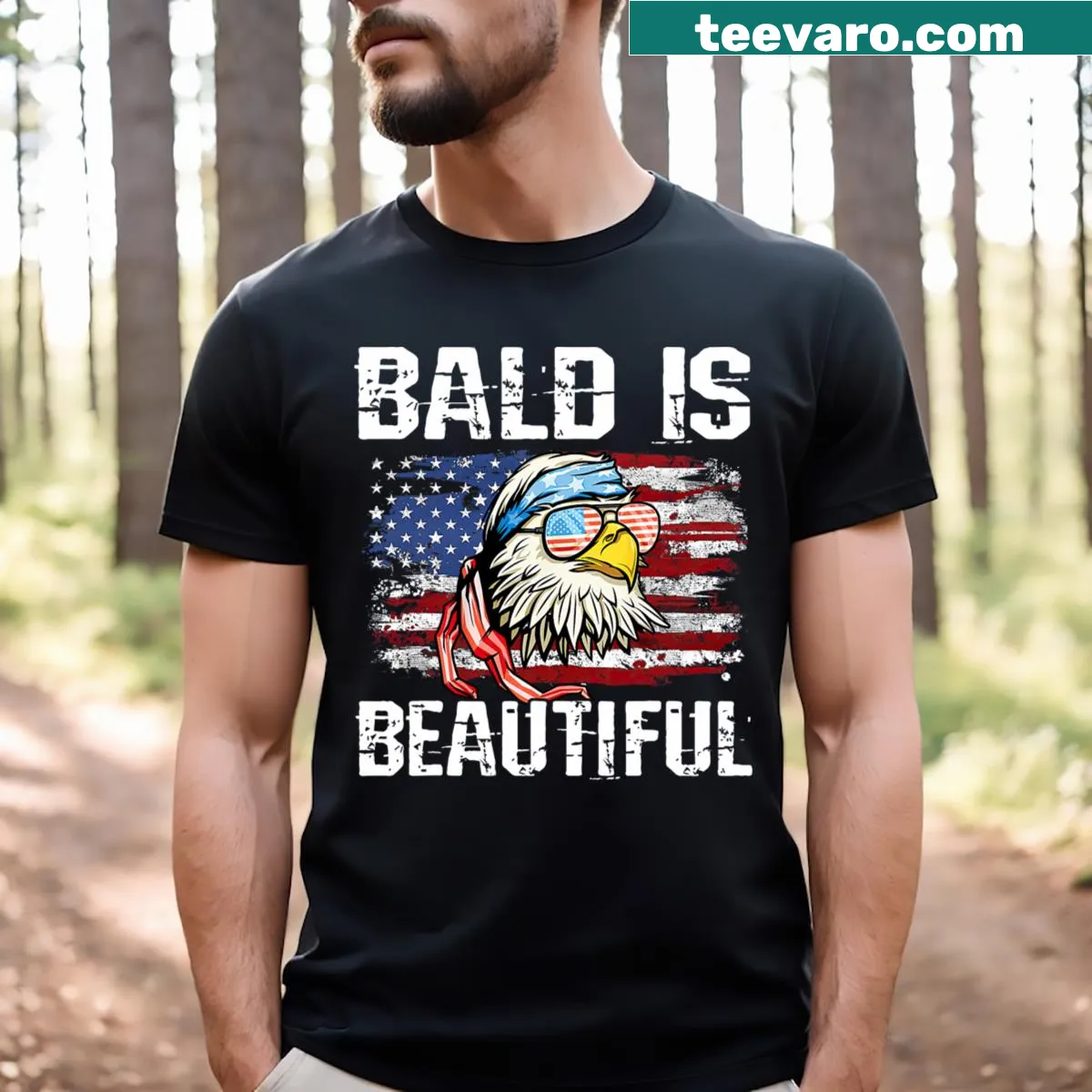 Patriotic t-shirt with bold text 'Bald Is Beautiful' for July 4th — on a men's t-shirt