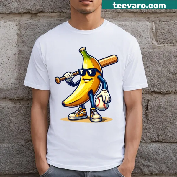 Banana baseball graphic with text 'Banana Baseball Lover' on a T-shirt