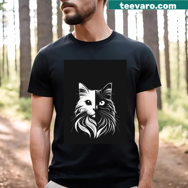 T-shirt featuring a playful black and white cat graphic
