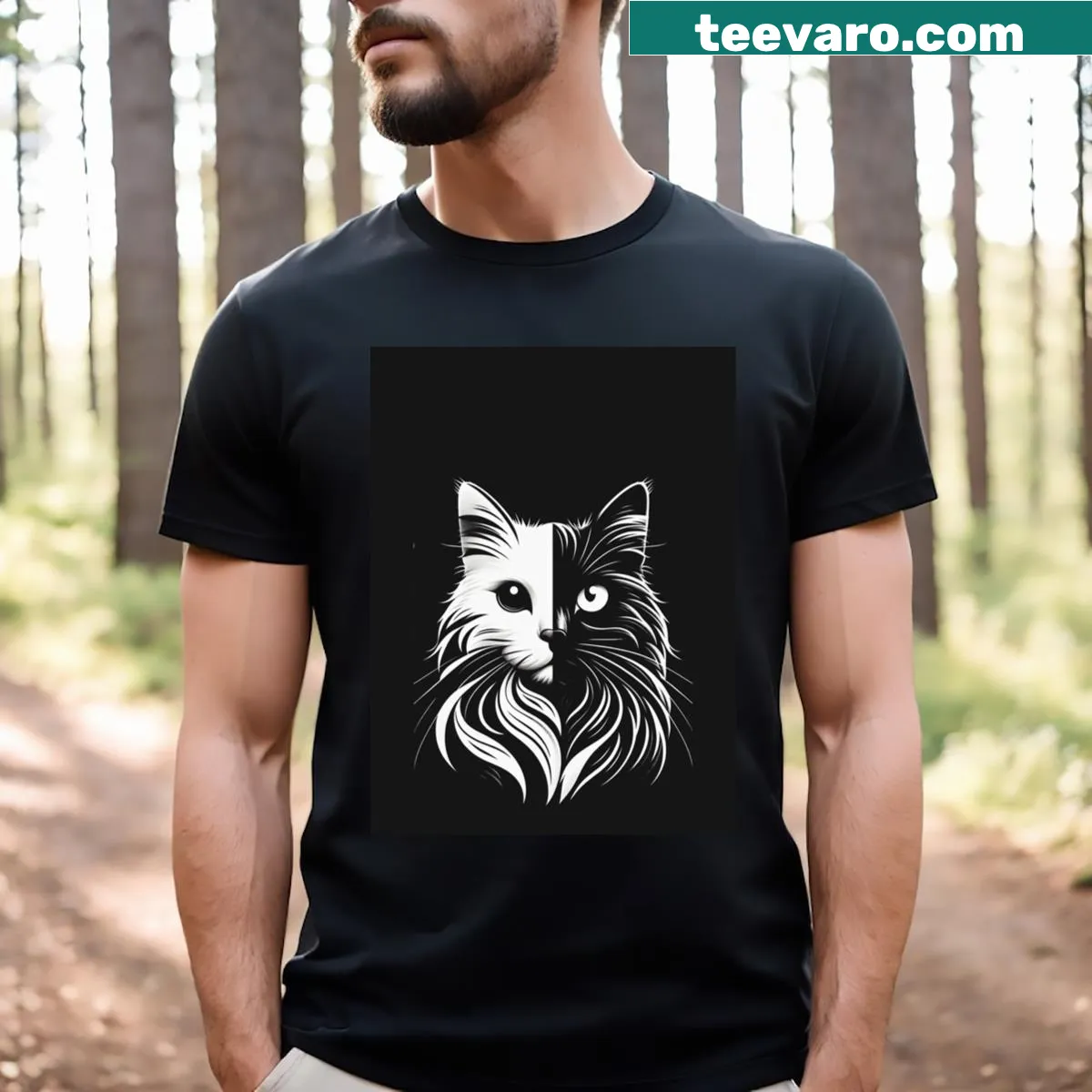 T-shirt featuring a playful black and white cat graphic — on a men's t-shirt
