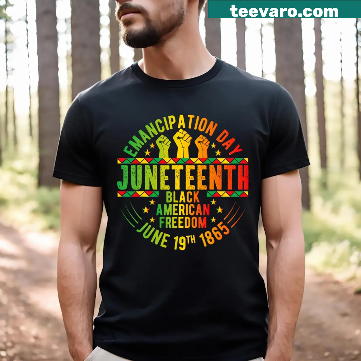 Inspirational Juneteenth T-shirt featuring freedom-themed text — on a men's t-shirt