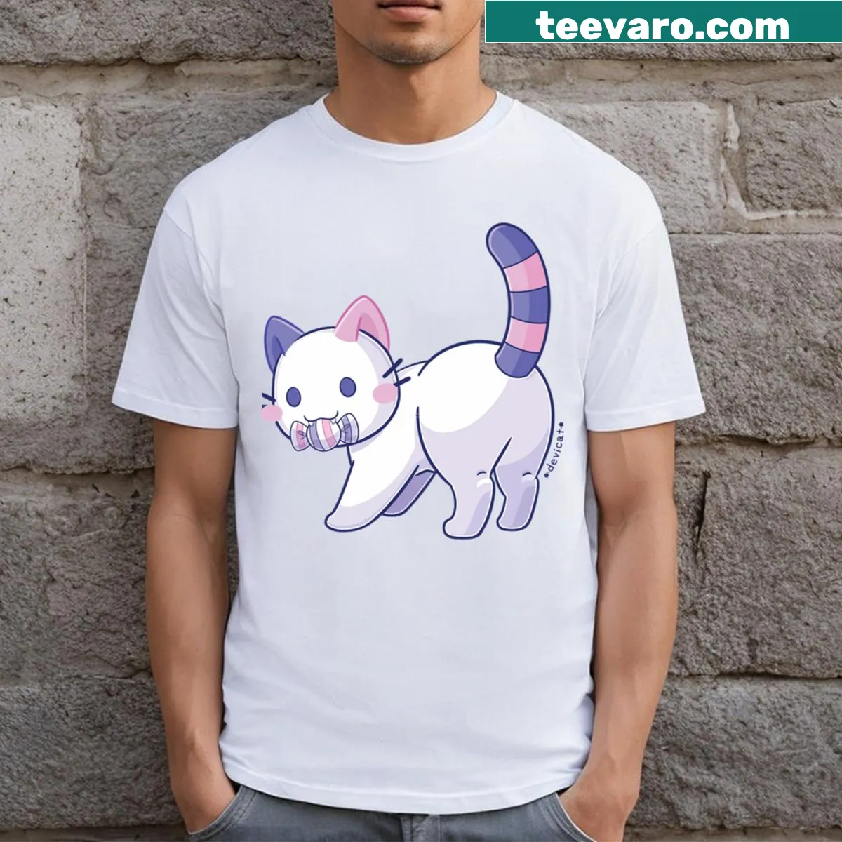 Whimsical Candicat Candy Drop graphic on T-shirt — on a men's t-shirt