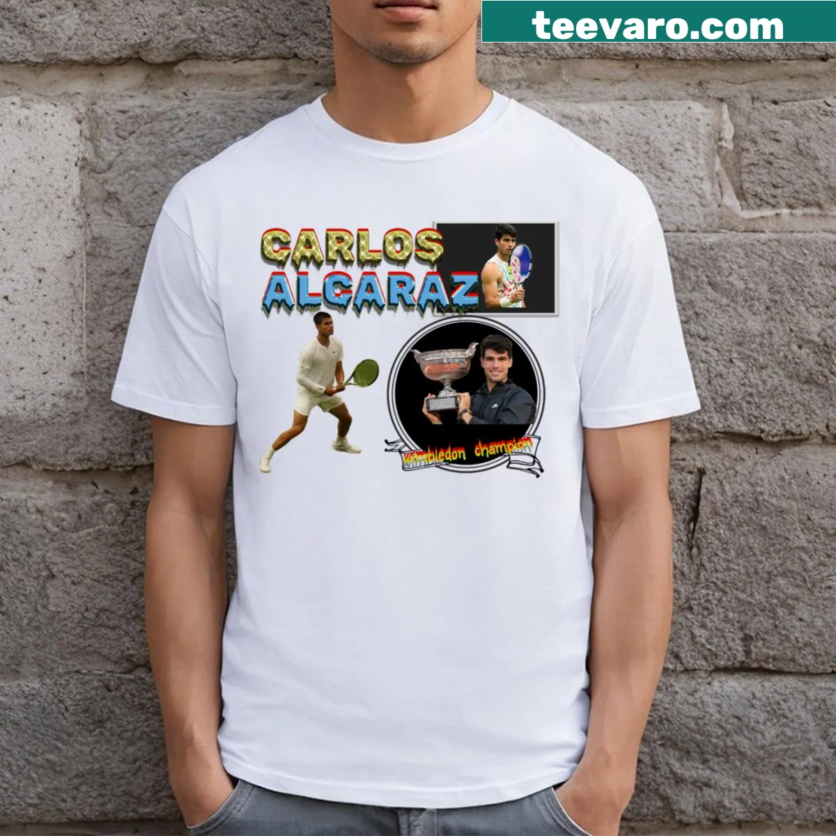 Retro Carlos Alcaraz tennis winner graphic T-shirt — on a men's t-shirt