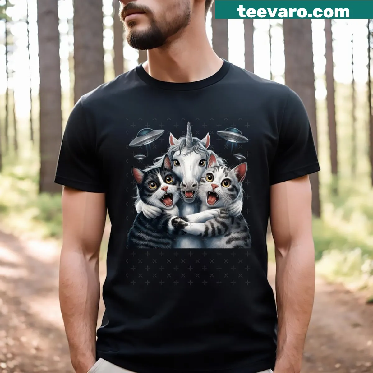 Funny meme cat and unicorn t-shirt with UFOs — on a men's t-shirt