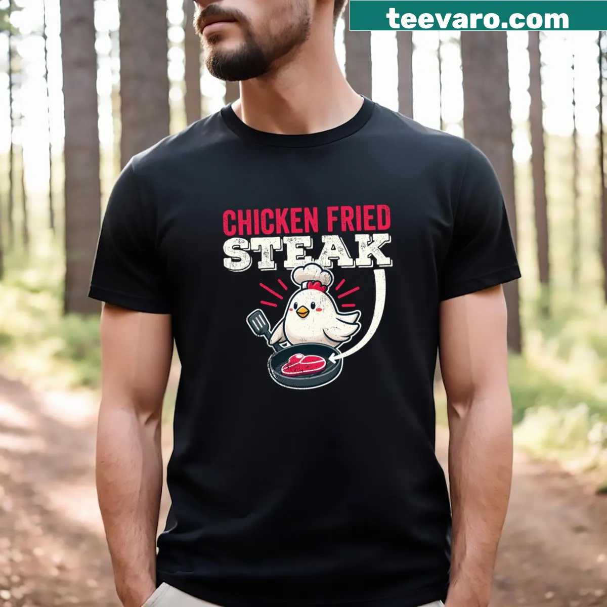 Humorous graphic featuring chicken fried steak on T-shirt — on a men's t-shirt
