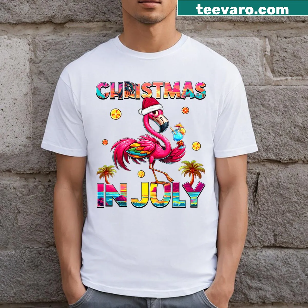 Cute flamingo beach illustration on girls Christmas T-shirt — on a men's t-shirt