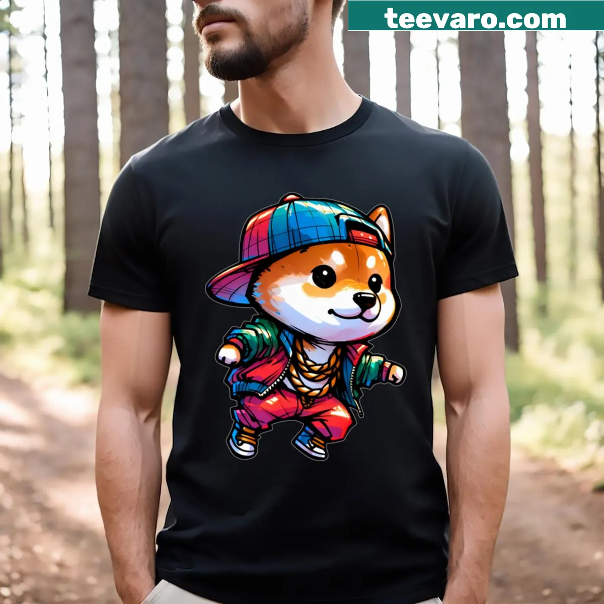Hip hop dog t-shirt featuring a colorful cap and bling — on a men's t-shirt