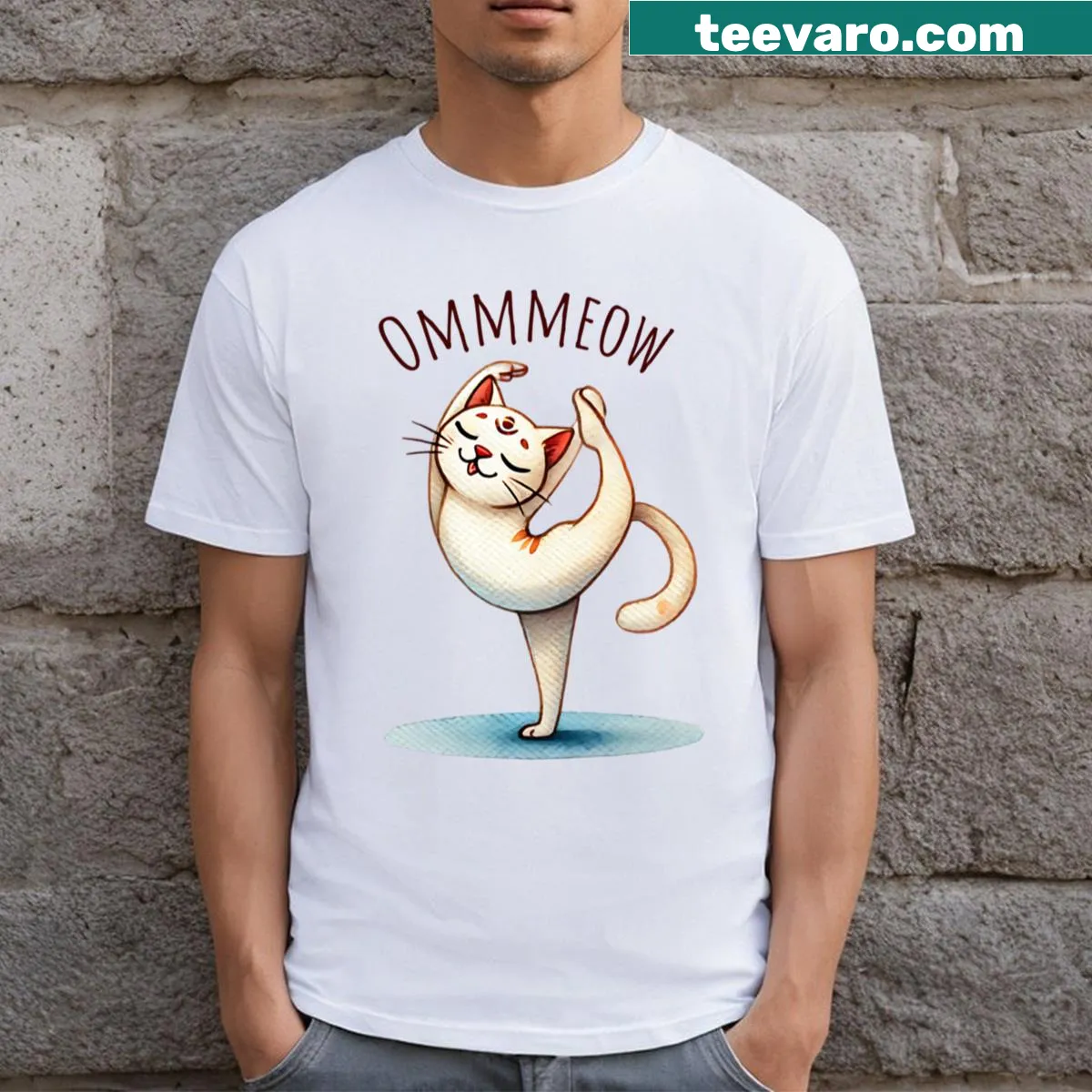 Adorable cat in a yoga pose graphic on a t-shirt — on a men's t-shirt