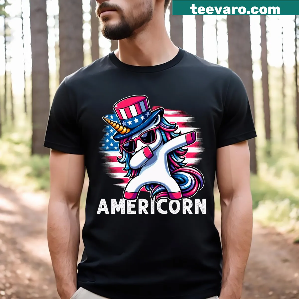 Cute dabbing unicorn graphic for kids' 4th of July t-shirt — on a men's t-shirt