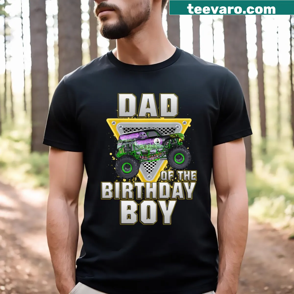 Novelty t-shirt for dads featuring a monster truck and birthday theme. — on a men's t-shirt