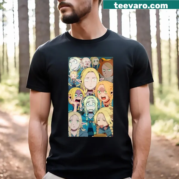 Engaging illustrations from Delicious in Dungeon series on a t-shirt.