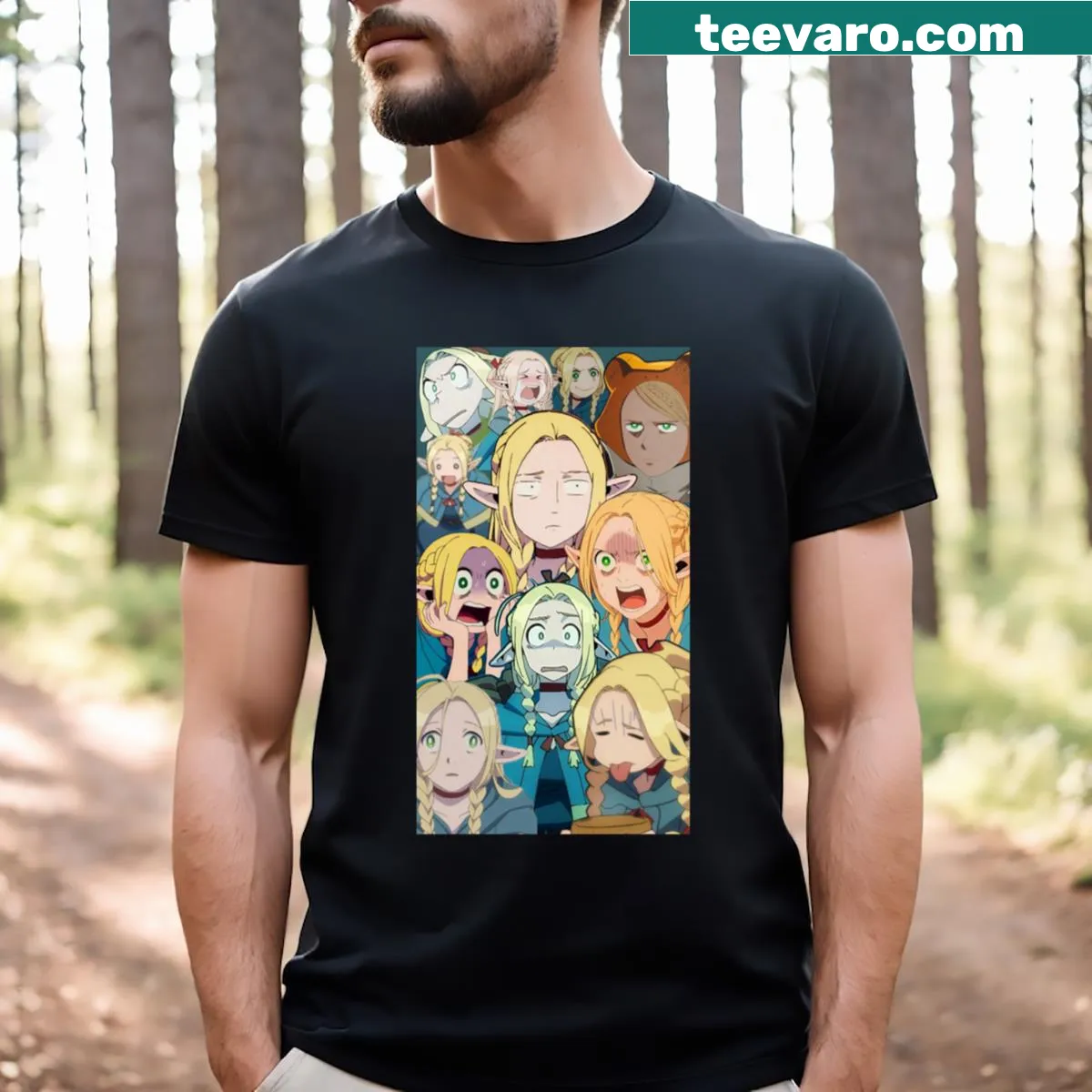 Engaging illustrations from Delicious in Dungeon series on a t-shirt. — on a men's t-shirt
