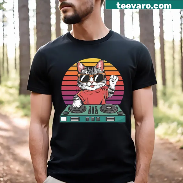 Retro 80s shirt with a DJ cat, rainbow sunset, and vibrant colors