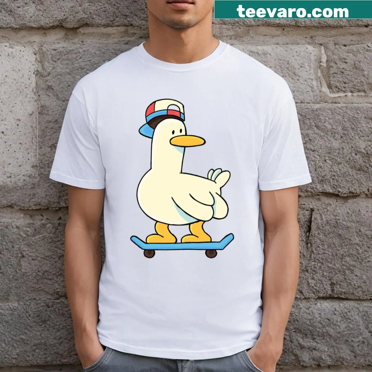 Cartoon duck skateboard graphic on a playful T-shirt — on a men's t-shirt