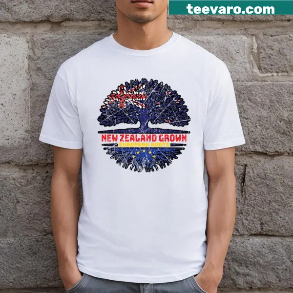 T-shirt depicting tree roots intertwined with flags of Europe and New Zealand
