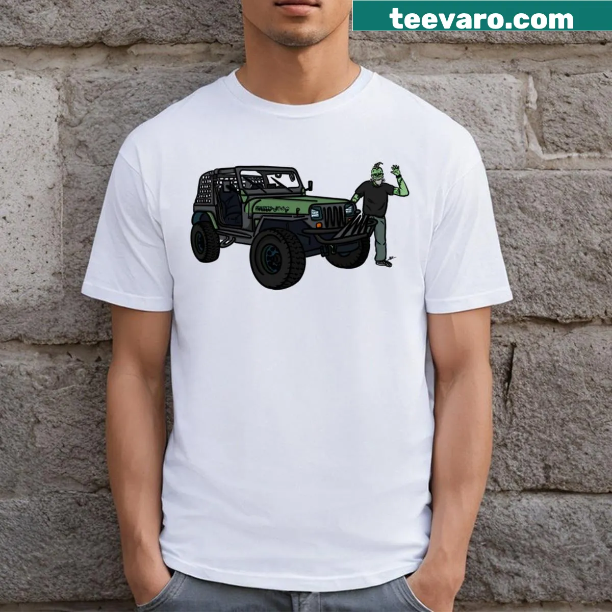 Vintage distressed graphic of Franken Johnny on a T-shirt — on a men's t-shirt