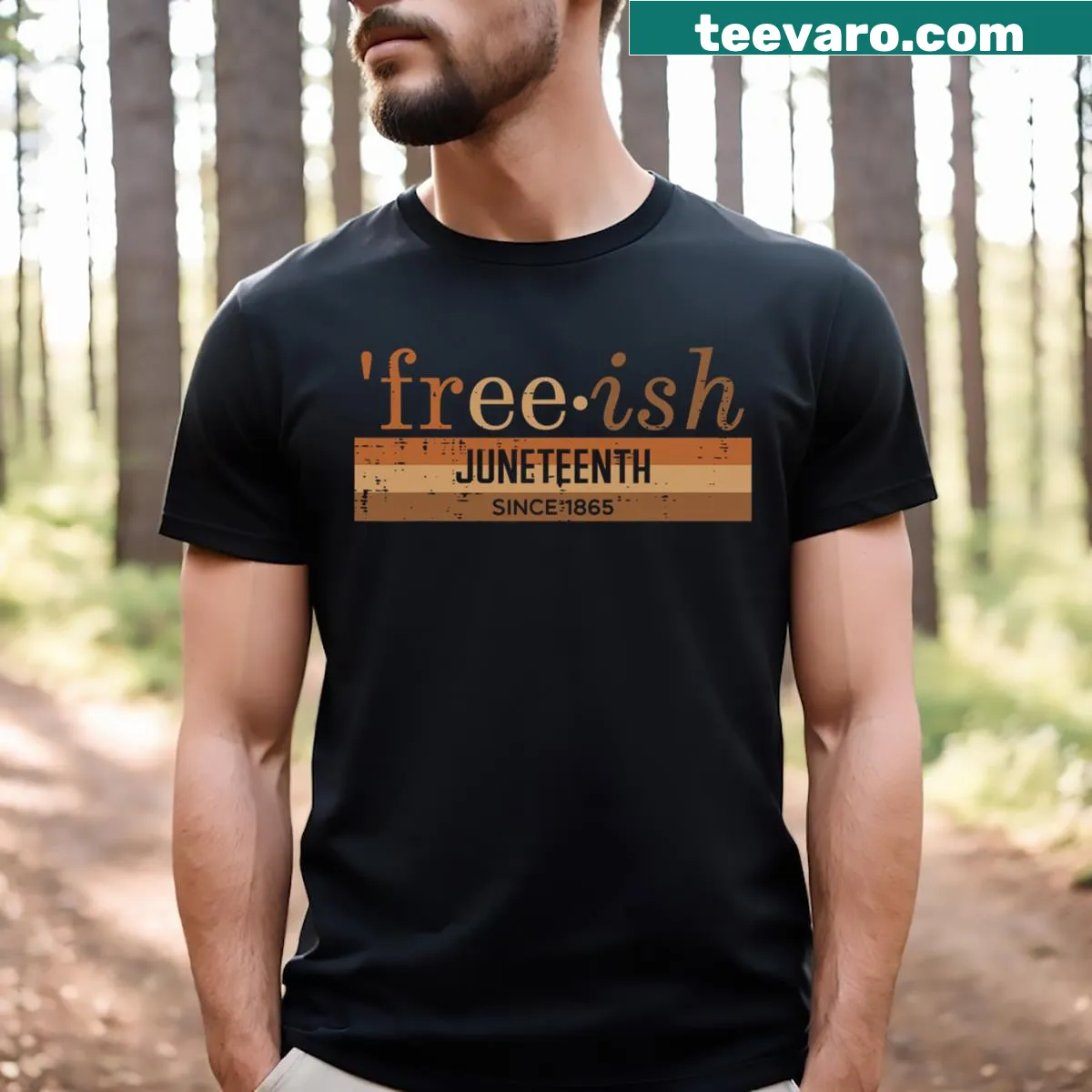 T-shirt with the phrase 'Freeish 1865' commemorating Juneteenth — on a men's t-shirt