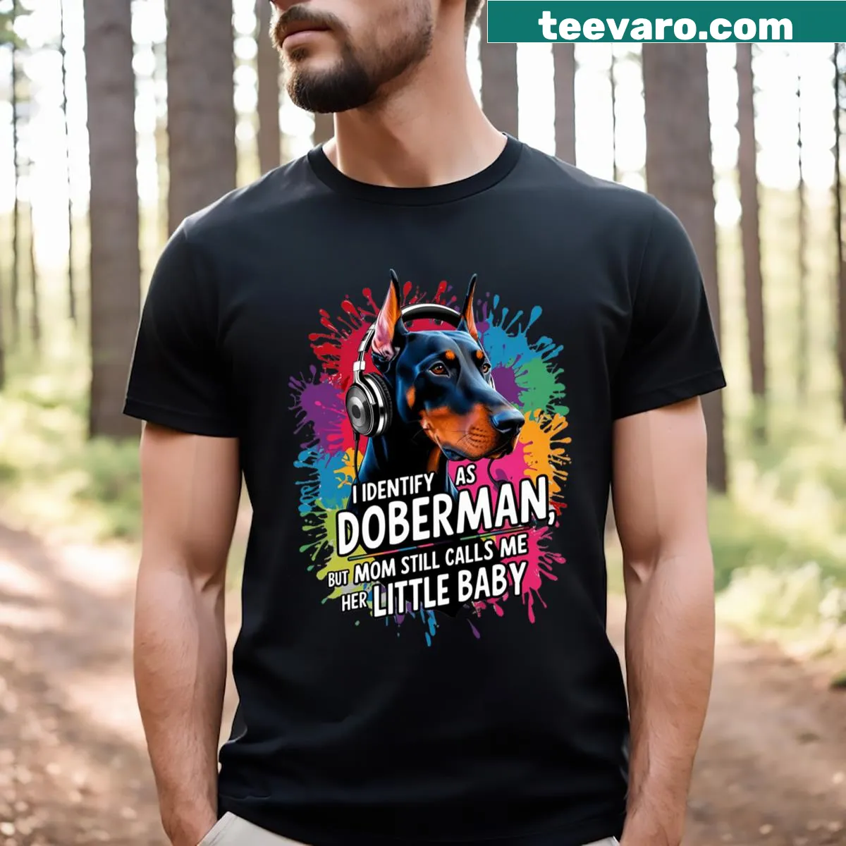 Whimsical design declaring identity as a Doberman on a t-shirt — on a men's t-shirt