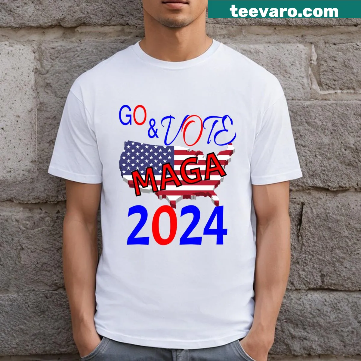 Political T-shirt promoting voting with MAGA 2024 theme — on a men's t-shirt