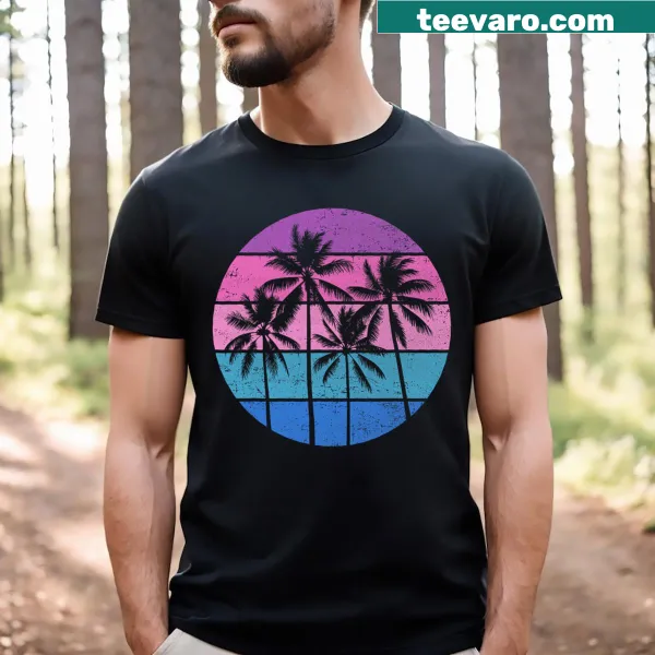 Illustrated palm tree design on Hawaiian-themed T-shirt