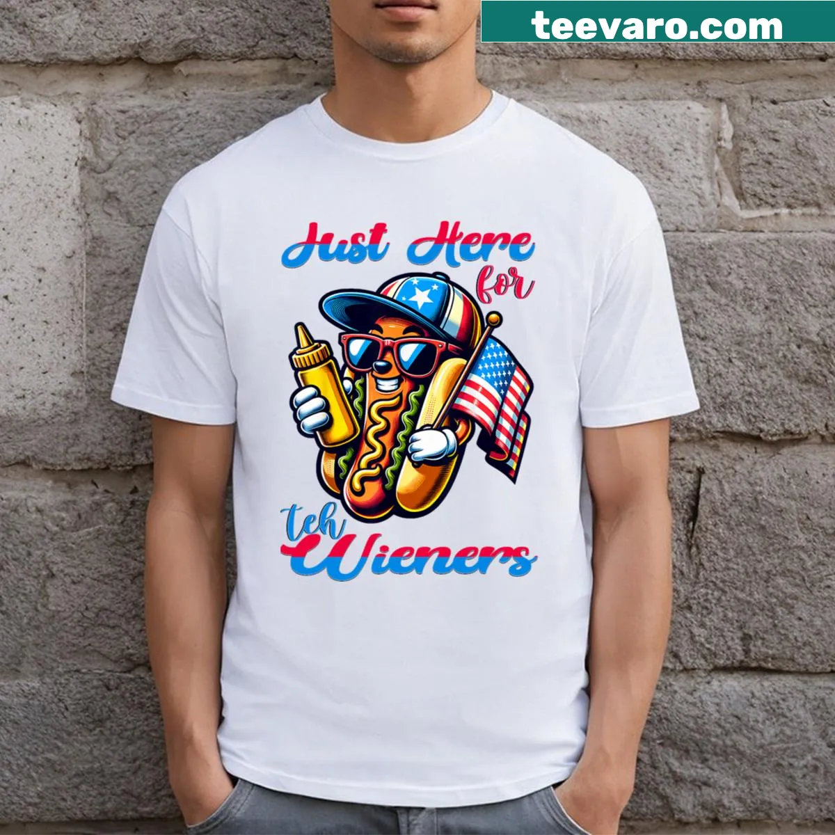 Humorous Fourth of July T-shirt with text about hot dogs — on a men's t-shirt
