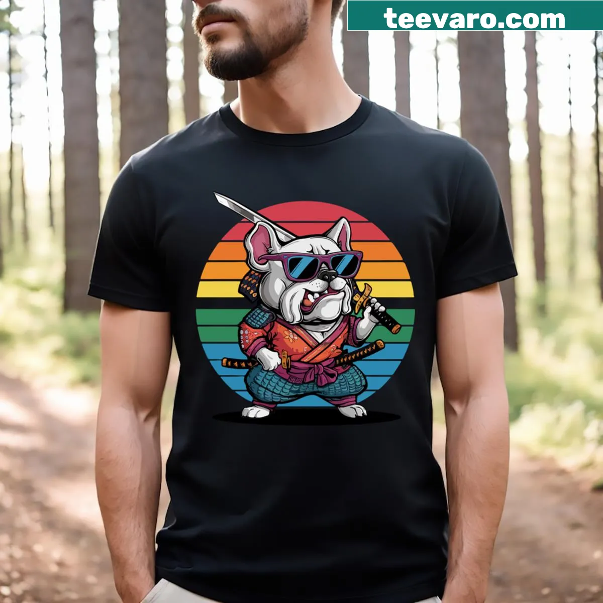 Retro T-shirt featuring a samurai bulldog in ninja attire — on a men's t-shirt