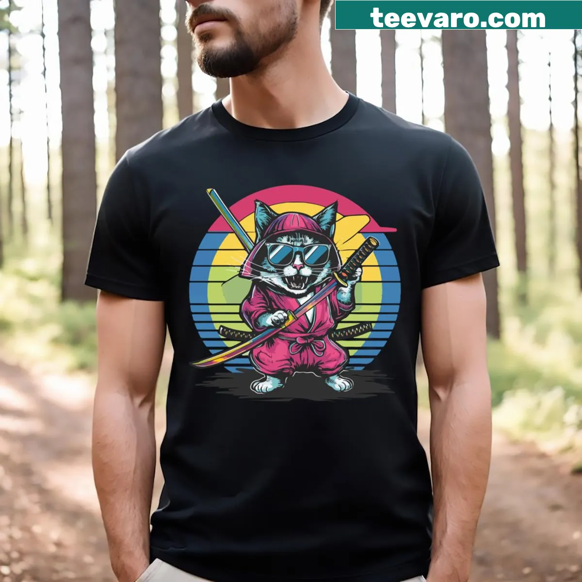 Retro T-shirt featuring a samurai cat in ninja attire — on a men's t-shirt