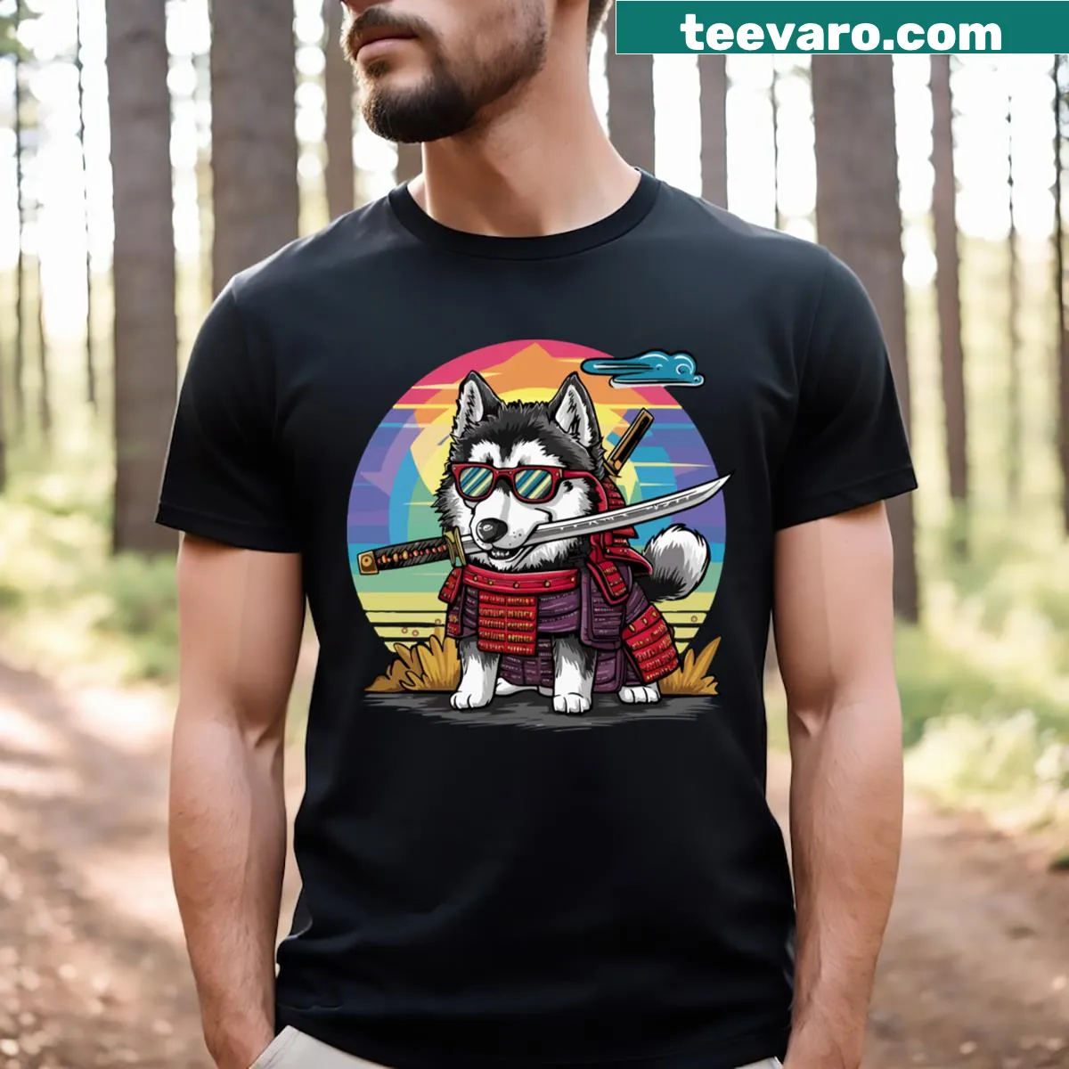 Illustrated T-shirt of a samurai husky with retro 80s vibes — on a men's t-shirt