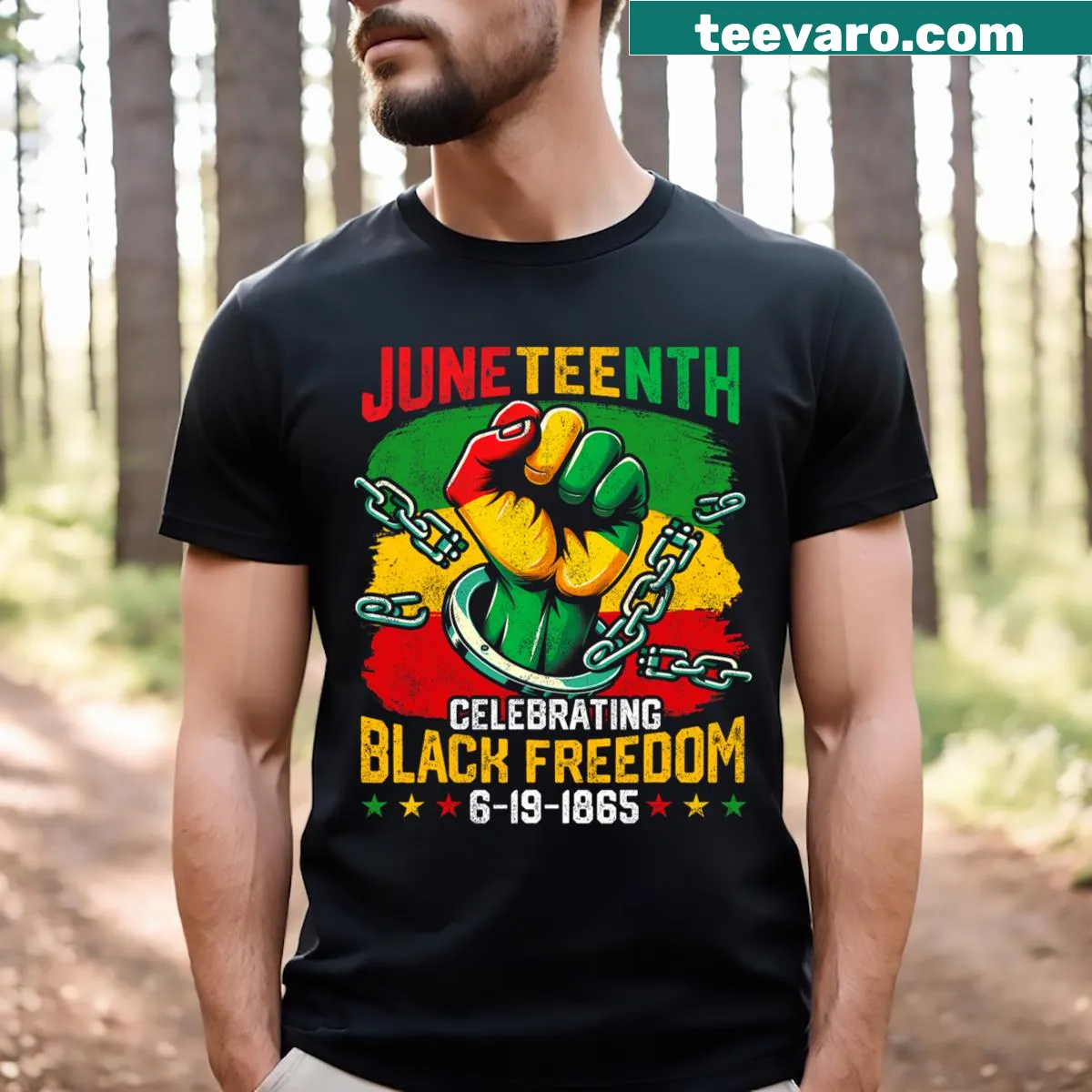 T-shirt commemorating Juneteenth with the year 1865 — on a men's t-shirt