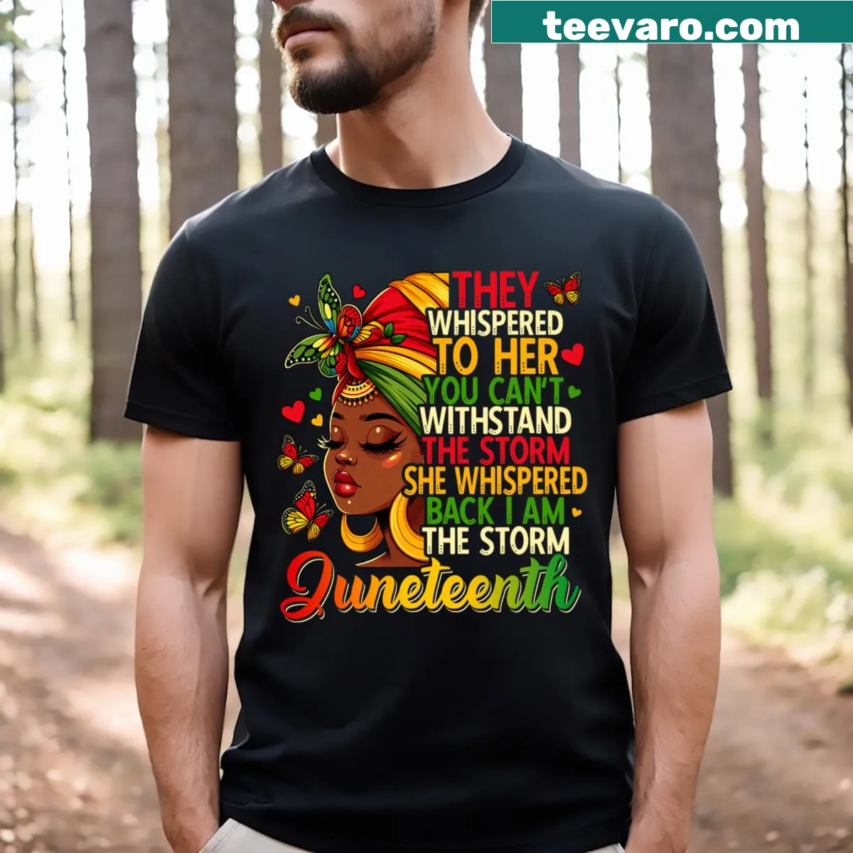 T-shirt depicting a Black girl celebrating Juneteenth with historical themes — on a men's t-shirt