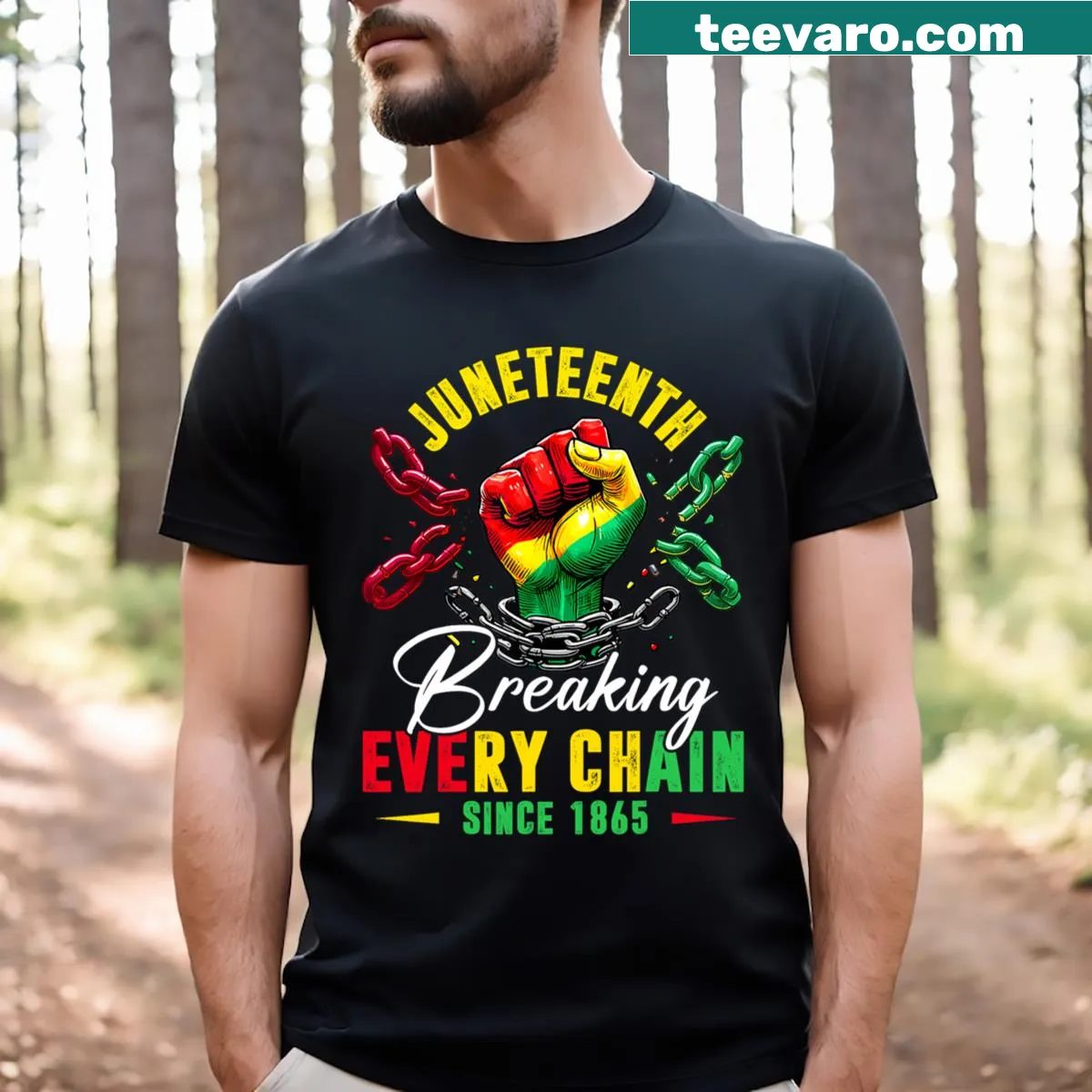 Juneteenth T-shirt for men and kids with Breaking Every Chain Since 1865 text — on a men's t-shirt