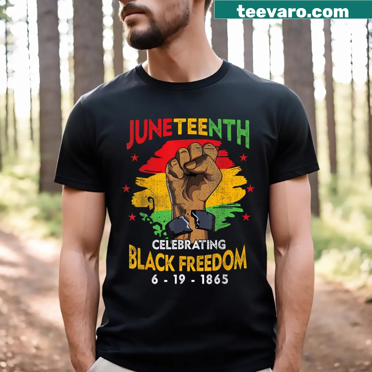 Juneteenth T-shirt with Celebrate Black Freedom Day text — on a men's t-shirt