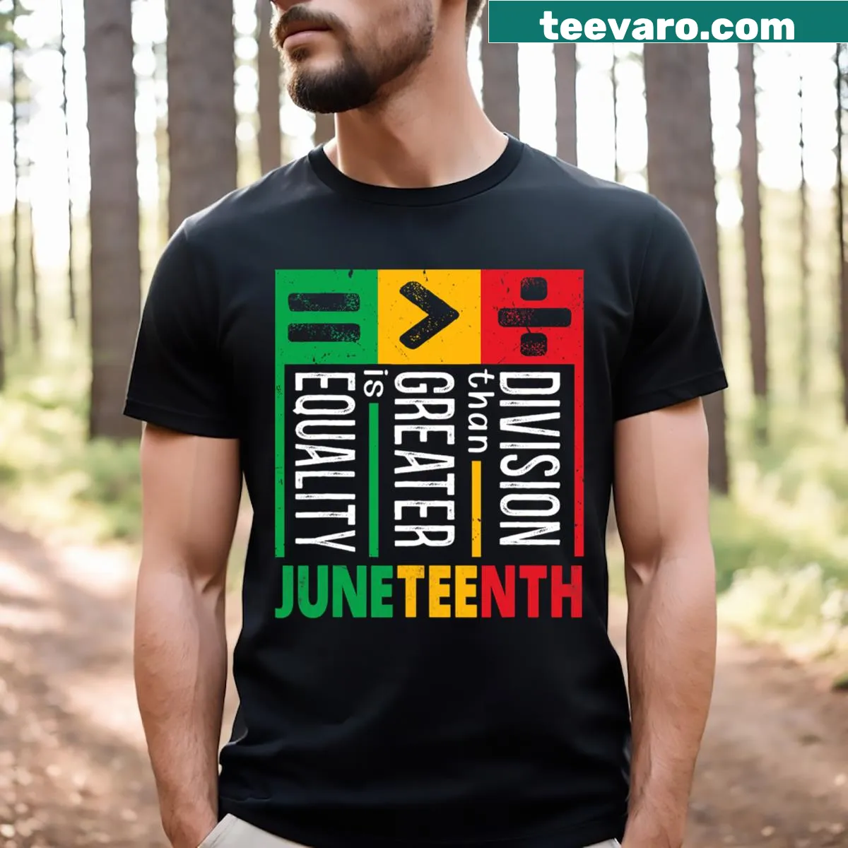 Juneteenth T-shirt with Equality Is Greater Than Division text — on a men's t-shirt
