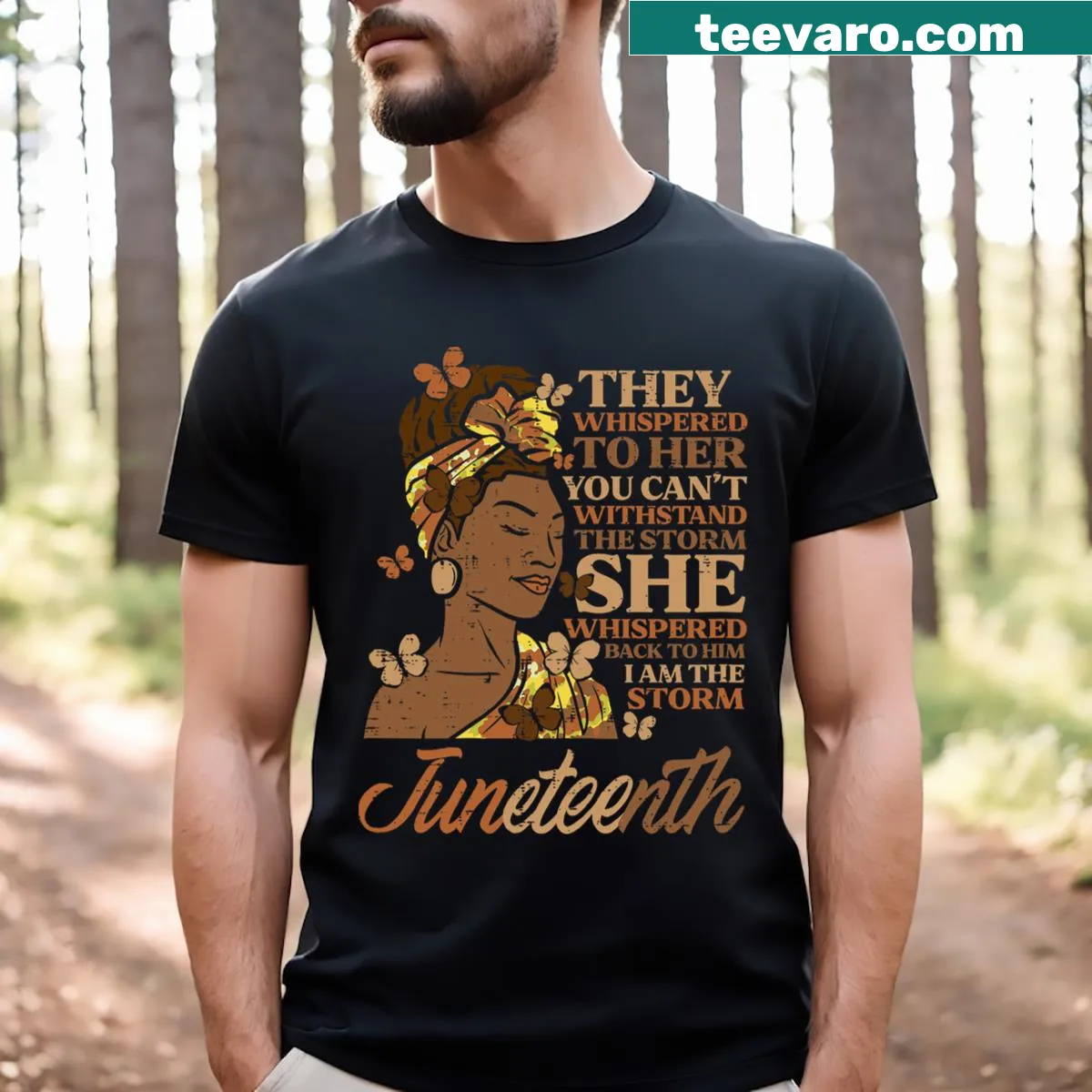 Juneteenth T-shirt with I Am The Storm text for girls and kids — on a men's t-shirt